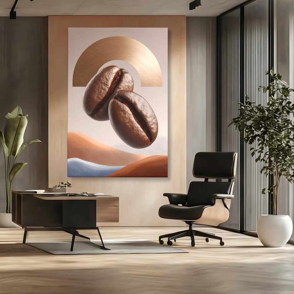 Tablou canvas cu tablou canvas cu boabe de cafea, fara rama, pe sasiu de lemn, pe perete intr-un birou